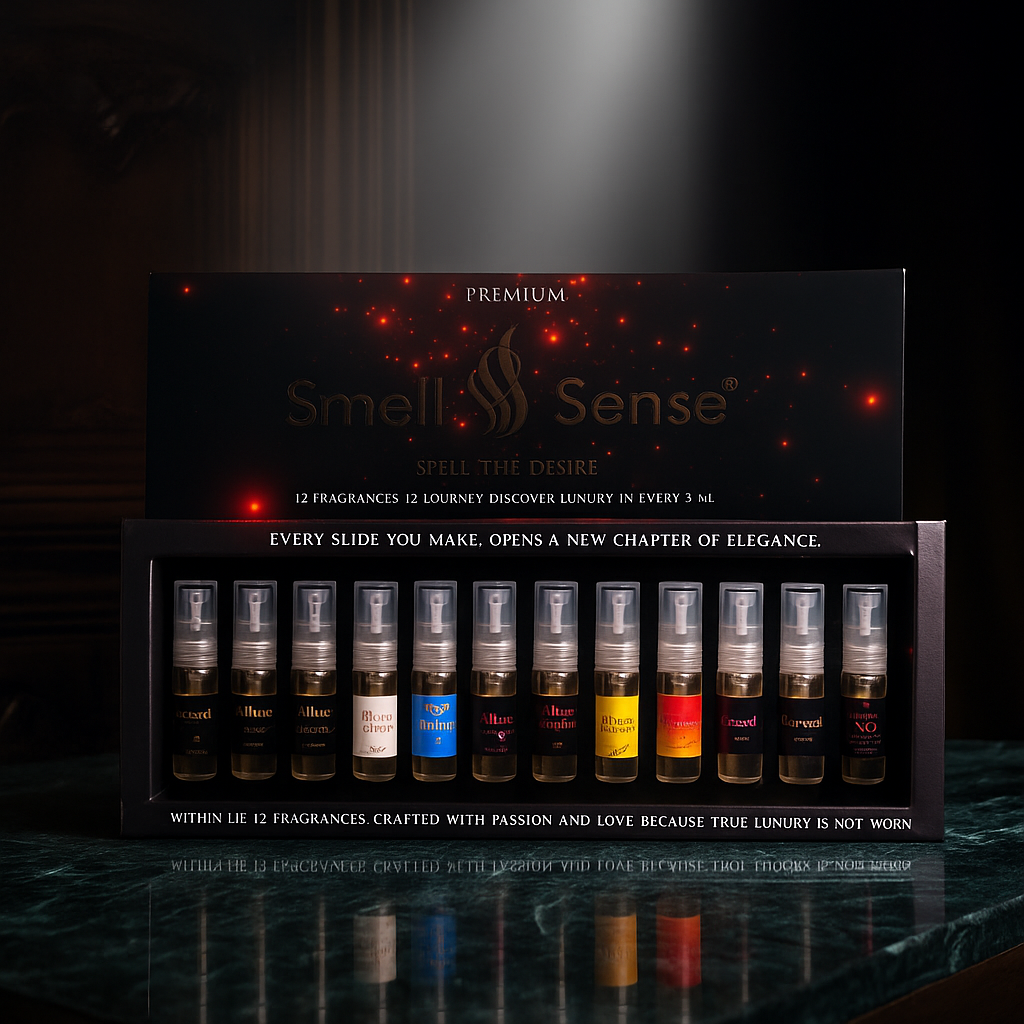 Smell & Sense Red Velvet 12×5ml perfume gift set featuring 12 luxurious fragrances in a bold black and red box, placed on a glossy marble surface under golden spotlight, symbolizing romance, passion, and premium craftsmanship