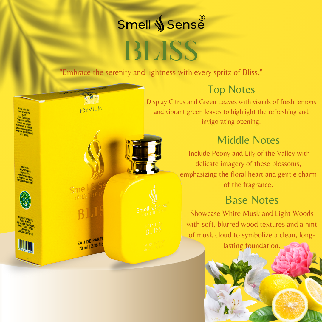Bliss by Smell & Sense – a light, smooth fragrance crafted for both men and women, perfect for parties or professional settings. Top notes of mint, lemon, and ginger, with freesia at its heart and a base of vetiver, ambrette, and vanilla, create a premium, subtle scent that lasts all day. Inspired by a stylish vibe, Bliss brings an effortlessly unique fragrance experience.