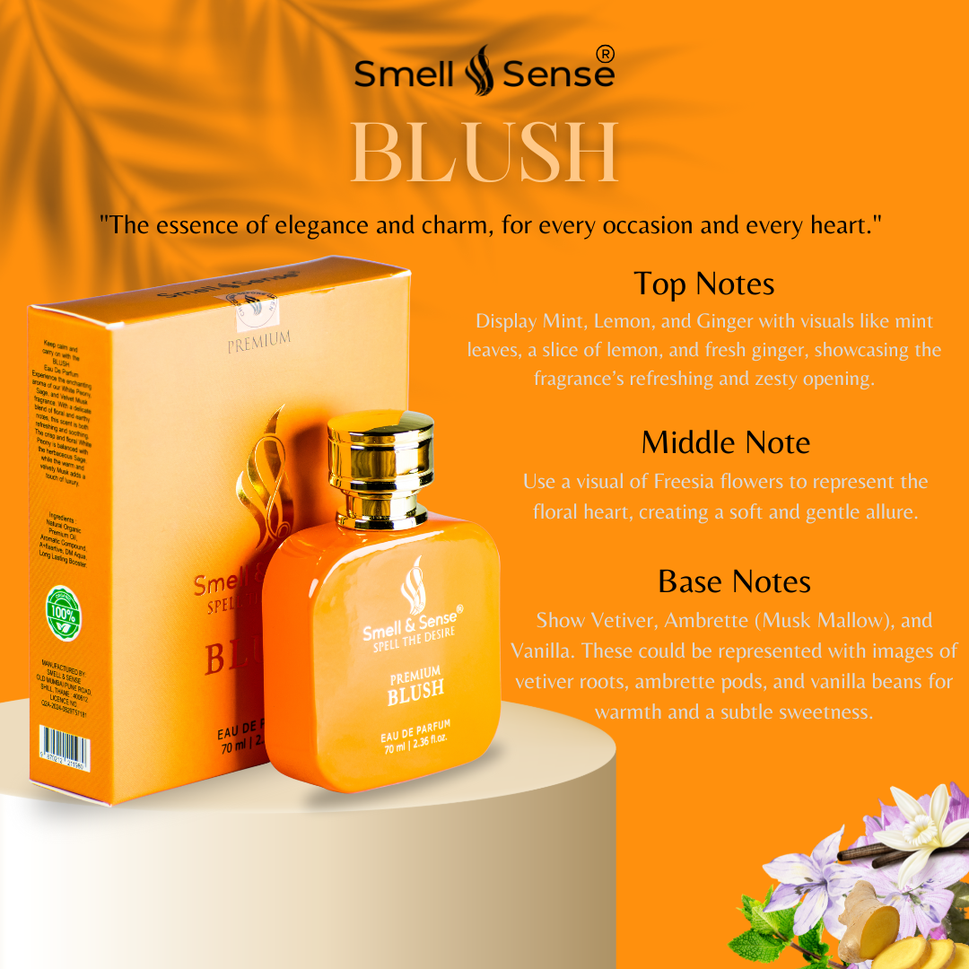 Blush by Smell & Sense – an elegant and sweet floral fragrance crafted for women. With delicate notes of wild berries, peony, and jasmine layered over a soft base of cedarwood and white musk, Blush captures a refreshing yet sophisticated charm. Perfect for daily wear or romantic evenings, this scent leaves a gentle yet memorable impression.