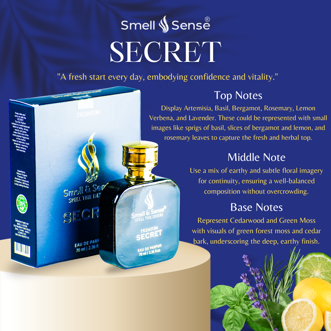 Secret by Smell & Sense – a fresh, citrusy scent combining earthy, woody, and green notes. With bergamot, rosemary, and lavender, Secret provides an invigorating, clean feel, perfect for travel and daily wear, leaving you refreshed and confident all day long.