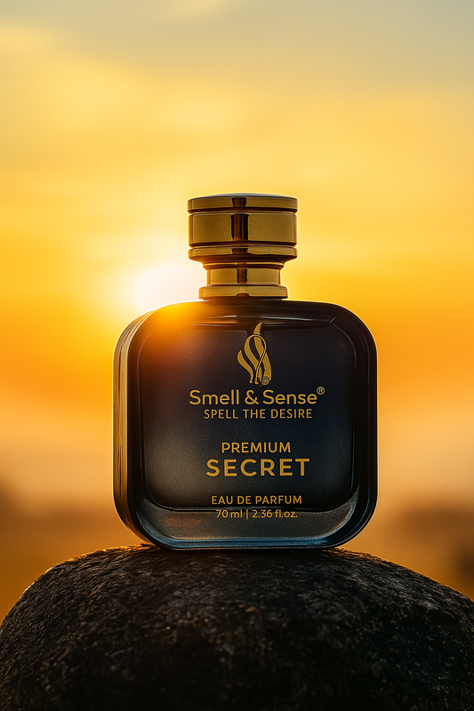 Smell & Sense Secret Perfume for Men placed on a stone under the golden sunlight, symbolizing freshness, strength, and purity.