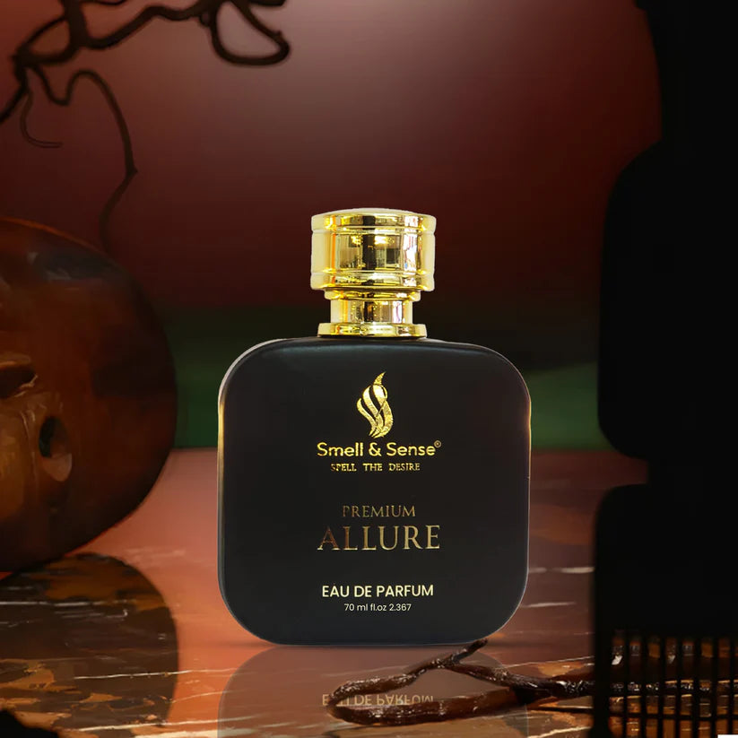 A sleek glass bottle of Smell & Sense Allure Perfume for women, exuding a delicate blend of sweet floral aromas with refreshing aqua undertones, embodying an enchanting and feminine essence