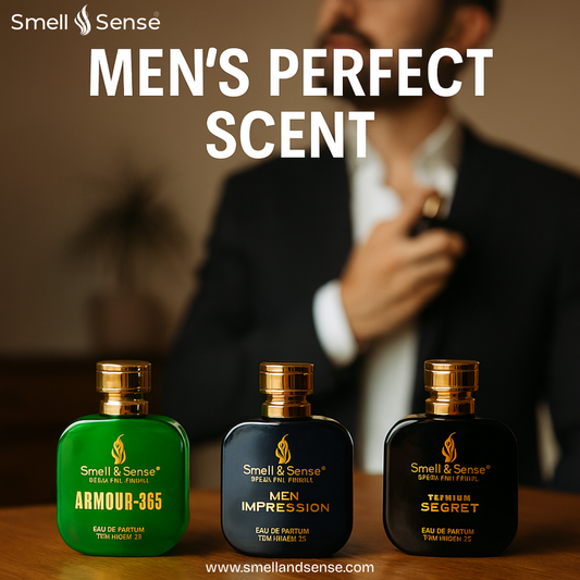 “Premium men's perfume set – Armour 365, Men Impression, and Secret by Smell & Sense on wooden table with stylish man applying fragrance in background.”