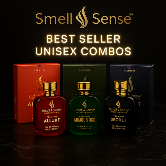 Smell & Sense best-selling perfumes Secret, Armour-365, and Allure displayed on black marble