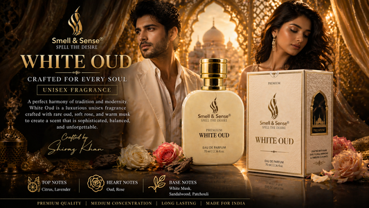 Best white oud perfume in India by Smell & Sense unisex fragrance with rose and musk Luxury oud perfume for men and women with long lasting performance Premium Arabic style white oud fragrance for daily use
