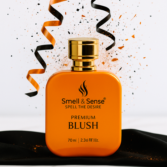 "Blush perfume by Smell & Sense – fruity musky unisex fragrance in orange bottle"