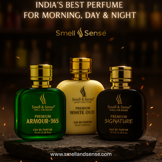 Three luxury Smell & Sense perfumes—Armour 365, Signature, White Oud displayed on black stone with glowing sparkles and perfume shelves in the blurred background.