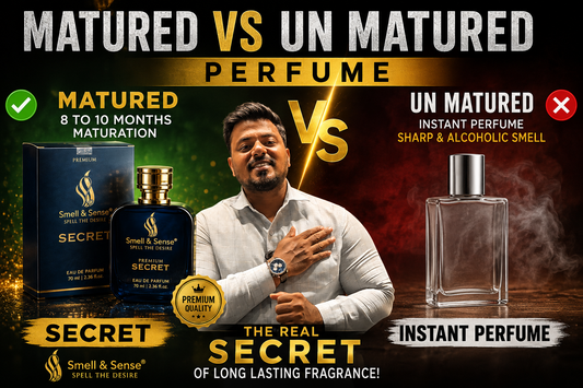 Luxury perfume knowledge blog image showing Shiraz Khan explaining matured vs unmatured perfume with Smell & Sense premium fragrance bottles and luxury perfume laboratory background.