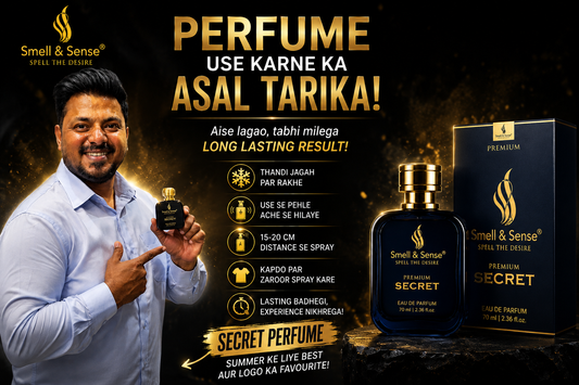 Shiraz Khan explaining the correct way to apply perfume with Smell & Sense Secret perfume and luxury fragrance tips background