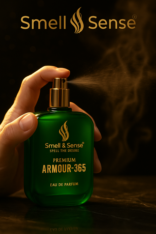 "Smell & Sense Armour 365 perfume bottle – green luxury fragrance with green apple, cinnamon, musk and cedar notes for men, inspired by Ferrari."