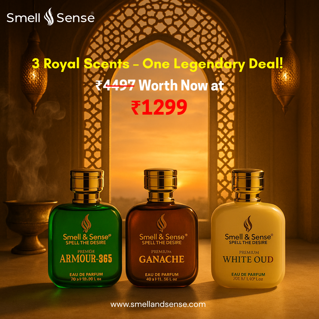 Three Smell & Sense perfumes Armour 365, Ganache, and White Oud in a luxurious Arabian setup with sunset glow – now available in combo at discount