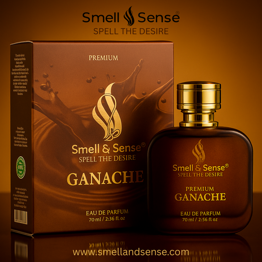 Smell & Sense Ganache perfume bottle displayed with elegant packaging, representing a sweet, creamy, and chocolate-inspired unisex fragrance. A luxurious long-lasting scent available at a special offer – buy any 3 perfumes worth ₹4497 at just ₹1499.