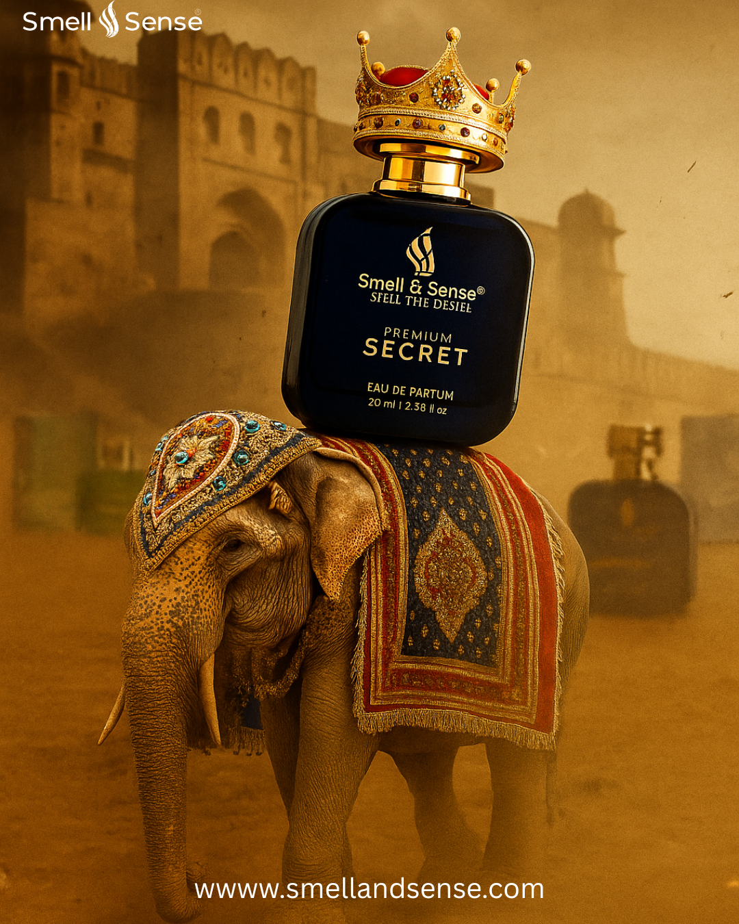 "Smell & Sense Secret Perfume bottle placed royally on an elephant with a crown and dusty fort background – luxury men’s fragrance inspired by kings"