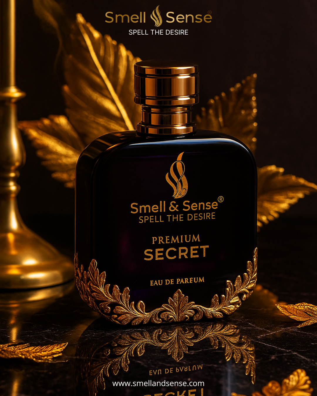 Smell & Sense Secret premium perfume bottle on luxury background – buy any 3 perfumes at ₹1398, elegant gold and black design, long-lasting unisex fragrance.