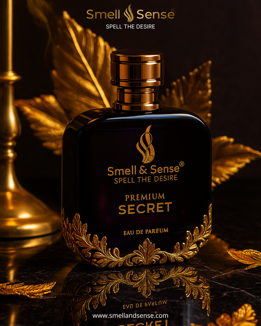 Smell & Sense Secret premium perfume bottle on luxury background – buy any 3 perfumes at ₹1398, elegant gold and black design, long-lasting unisex fragrance.
