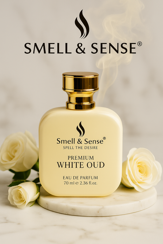 "Smell & Sense White Oud unisex perfume bottle on marble with white roses, featuring citrus, rose, oud, musk and sandalwood notes."