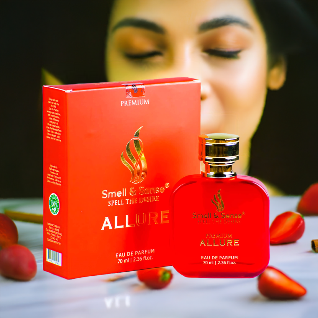 Allure perfume by Smell & Sense displayed elegantly with floral and fruity accents, emphasizing its fresh and sophisticated scent.