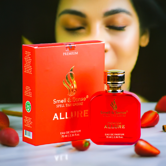 Allure perfume by Smell & Sense displayed elegantly with floral and fruity accents, emphasizing its fresh and sophisticated scent.