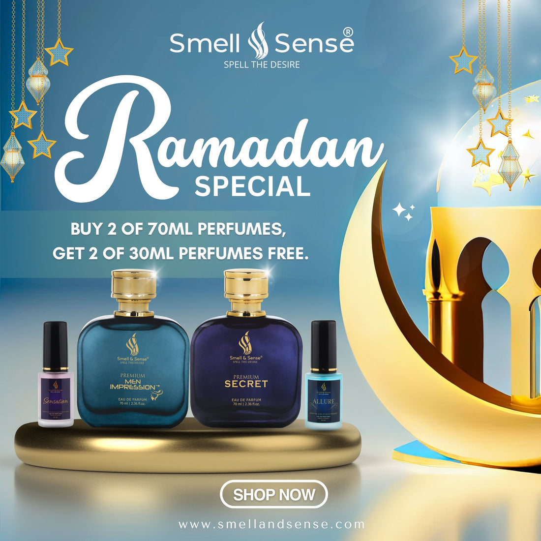 Smell & Sense Ramadan Offer - Buy Any 2 70ml Perfumes & Get 2 Free 30ml Perfumes | Halal & Organic Fragrances | Perfect for Prayer & Gifting