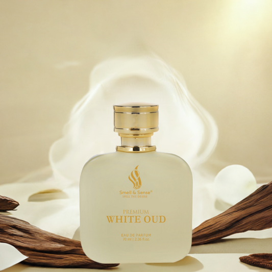 Smell & Sense White Oud Perfume - A luxurious unisex fragrance bottle surrounded by floral and woody elements, symbolizing elegance.