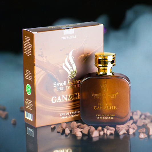 Ganache Perfume By Smell & Sense bottle surrounded by elements of chocolate and amber