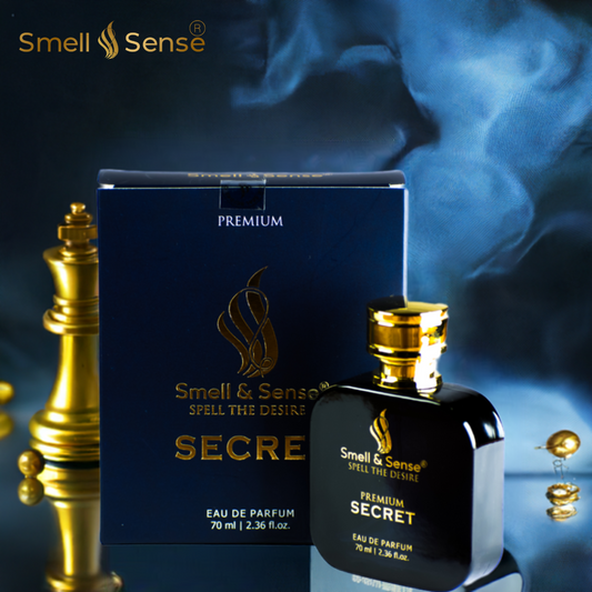 Smell & Sense Secret Perfume bottle displayed with citrus fruits and woody elements, representing a refreshing and masculine fragrance.