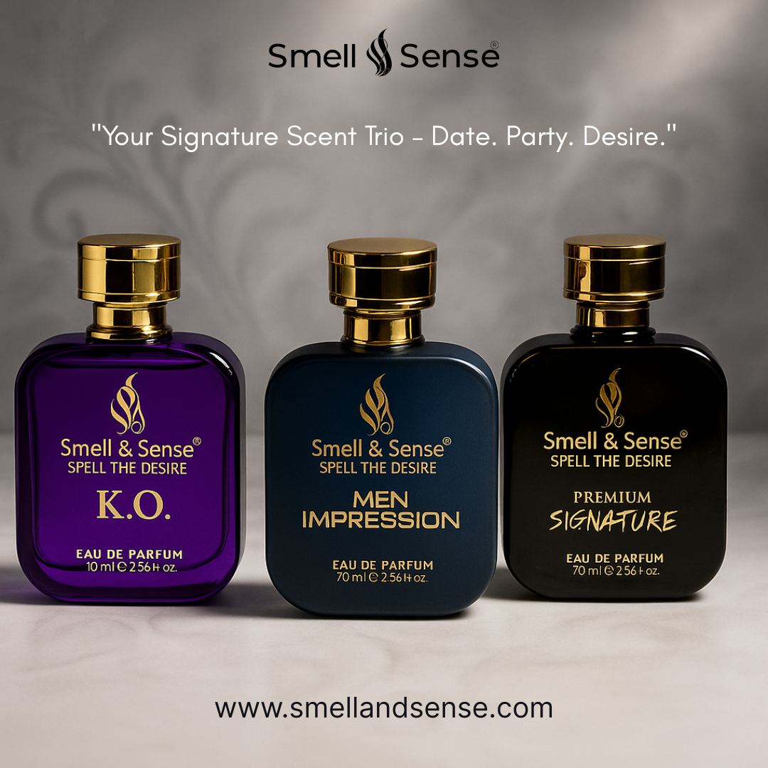 Three Smell & Sense perfumes K.O., Men Impression, and Signature displayed on a white floor with soft spotlight and smoky background.