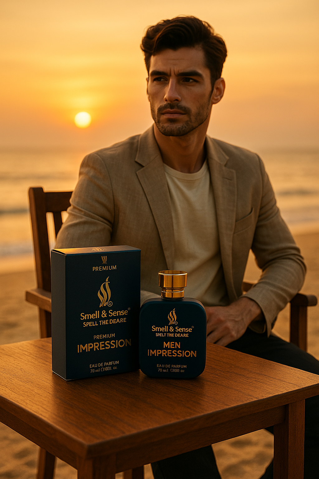 Smell & Sense Men Impression perfume showcased on a wooden table during a beach sunset with a stylish man in the background — a premium long-lasting men’s fragrance ideal for parties and daily wear.