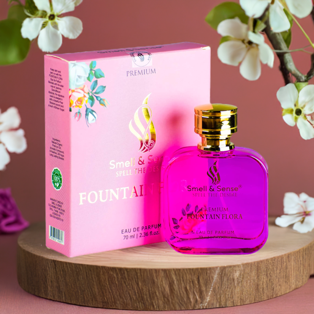 "Fountain Flora by Smell & Sense – a rich floral fragrance for women with notes of  jasmine and pear blossom.