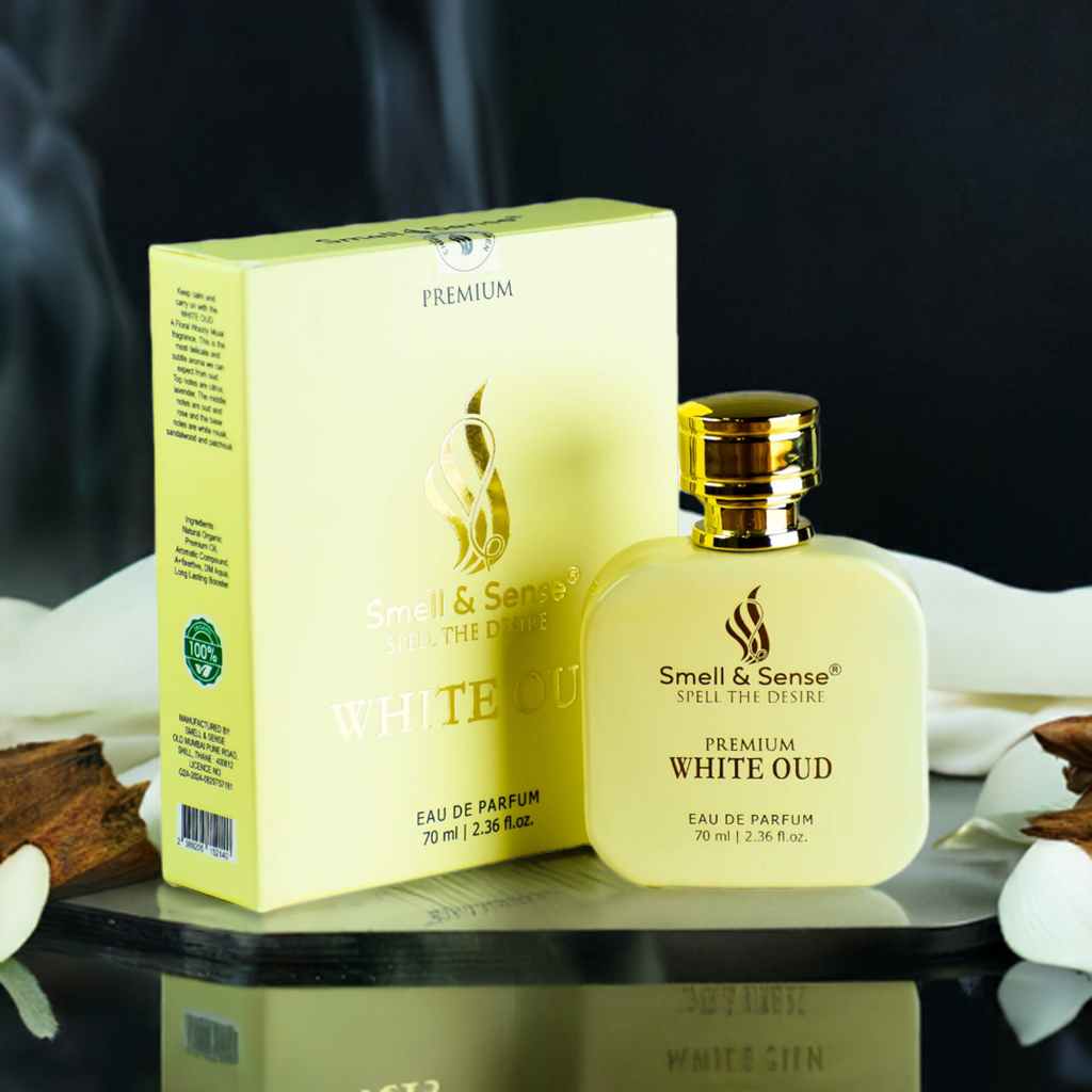 "White Oud by Smell & Sense – a luxurious floral oud fragrance with notes of rose,  oud, and white musk, perfect for special occasions.