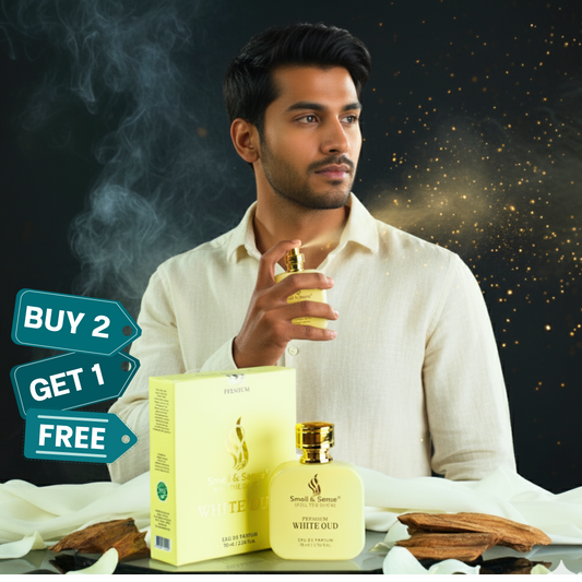 "White Oud by Smell & Sense – a luxurious floral oud fragrance with notes of rose, 
oud, and white musk, perfect for special occasions.