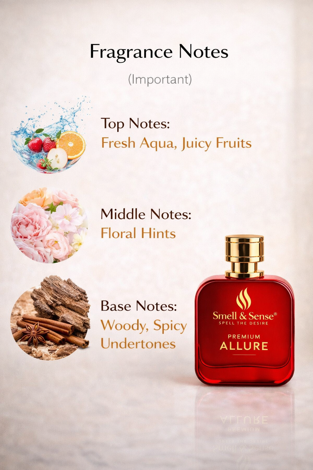 Smell & Sense Allure perfume notes with fresh aqua juicy fruits floral hints and woody spicy base for women
