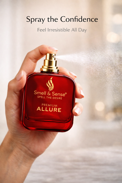 Woman applying Smell & Sense Allure perfume showing long lasting fragrance spray for fresh and confident feel