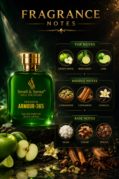 Armour 365 perfume notes green apple bergamot lime cardamom cinnamon vanilla musk cedar spicy long lasting fragrance
