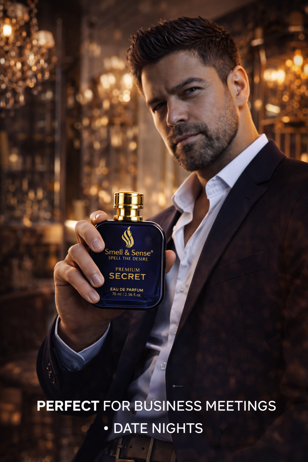 Man using Smell & Sense Secret perfume – best long lasting men perfume for business meetings, date nights and summer freshness