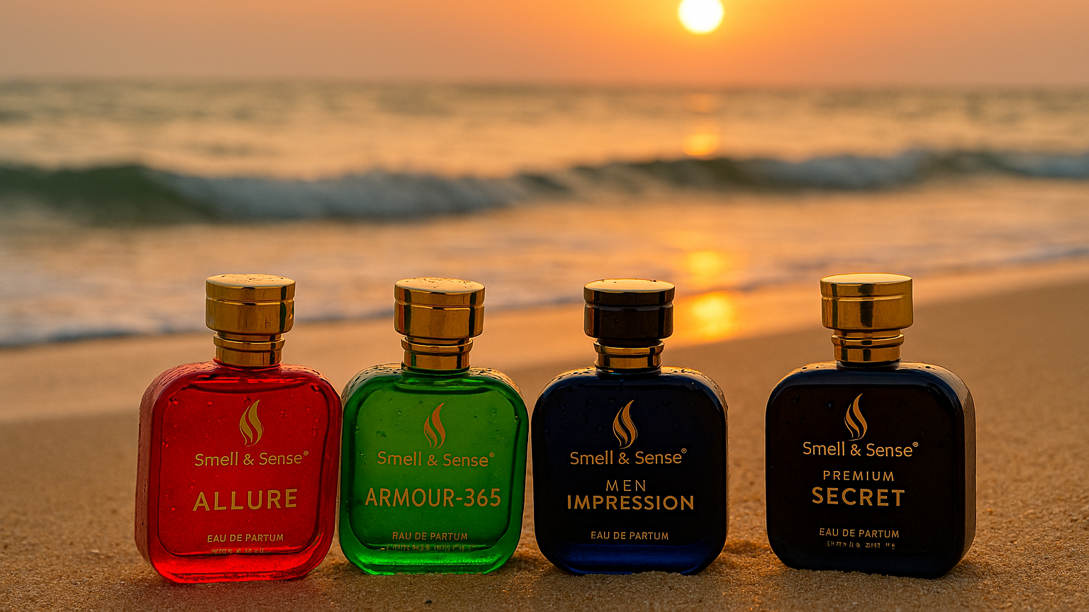 Smell & Sense Allure, Armour-365, Men Impression, and Secret — premium long-lasting men perfumes placed on a beach at sunset, showcasing a rich, bold fragrance collection for men.