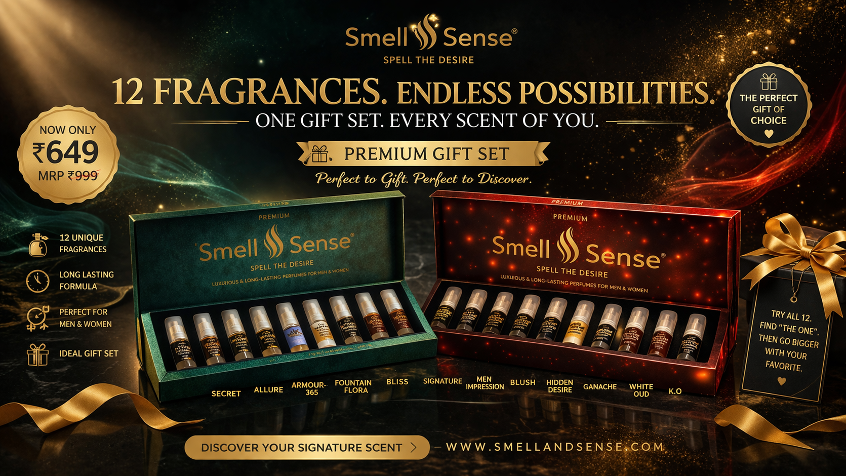 Best perfume gift set in India by Smell & Sense featuring 12 luxury fragrances for men women and unisex, long lasting premium scent combo at discounted price perfect gift choice and personal use