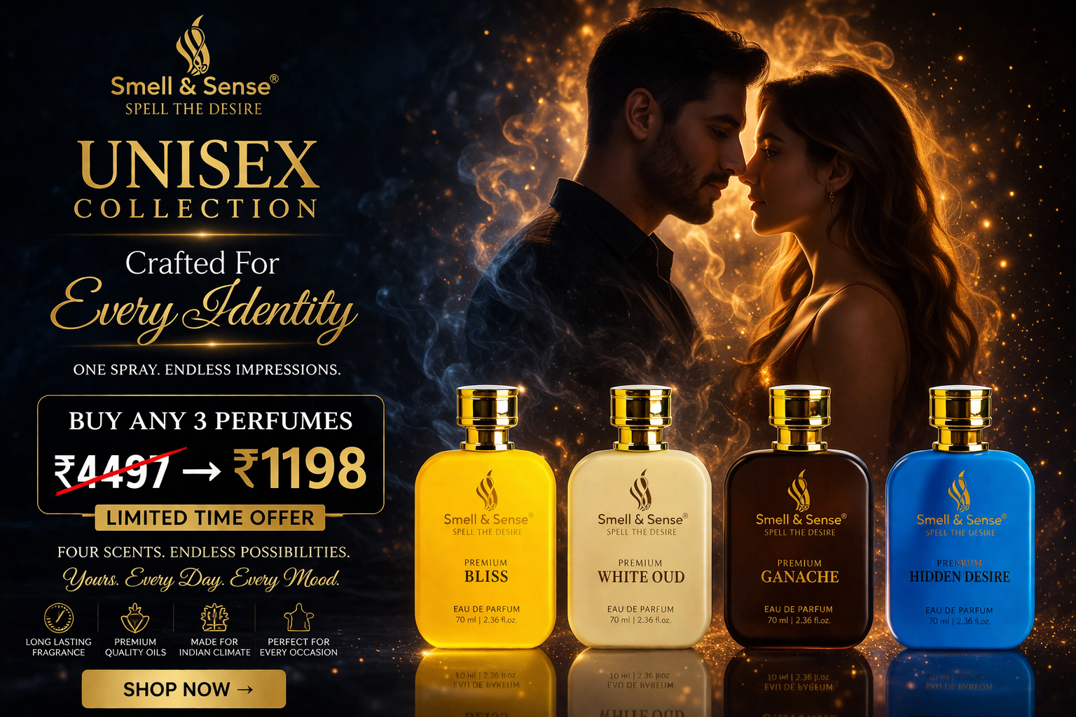 Best unisex perfume offer in India by Smell & Sense – buy any 3 premium perfumes at just ₹1198 including Bliss, White Oud, Ganache and Hidden Desire for men and women