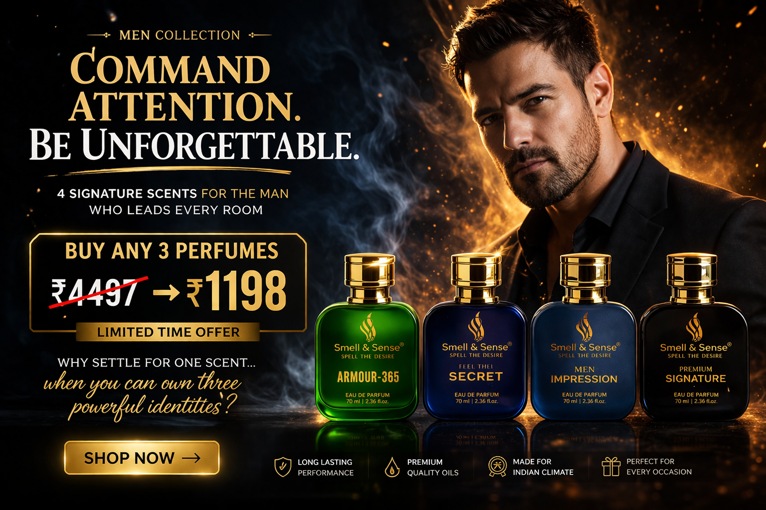 Buy 3 perfumes combo offer for men and women at lowest price ₹1198 – luxury long lasting fragrance collection by Smell & Sense unisex perfumes India