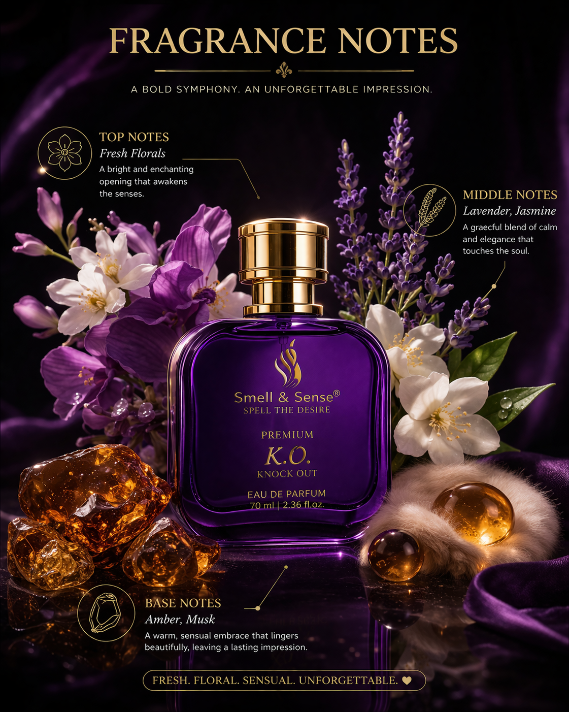K.O perfume notes fresh florals lavender jasmine amber musk long lasting bold fragrance for women