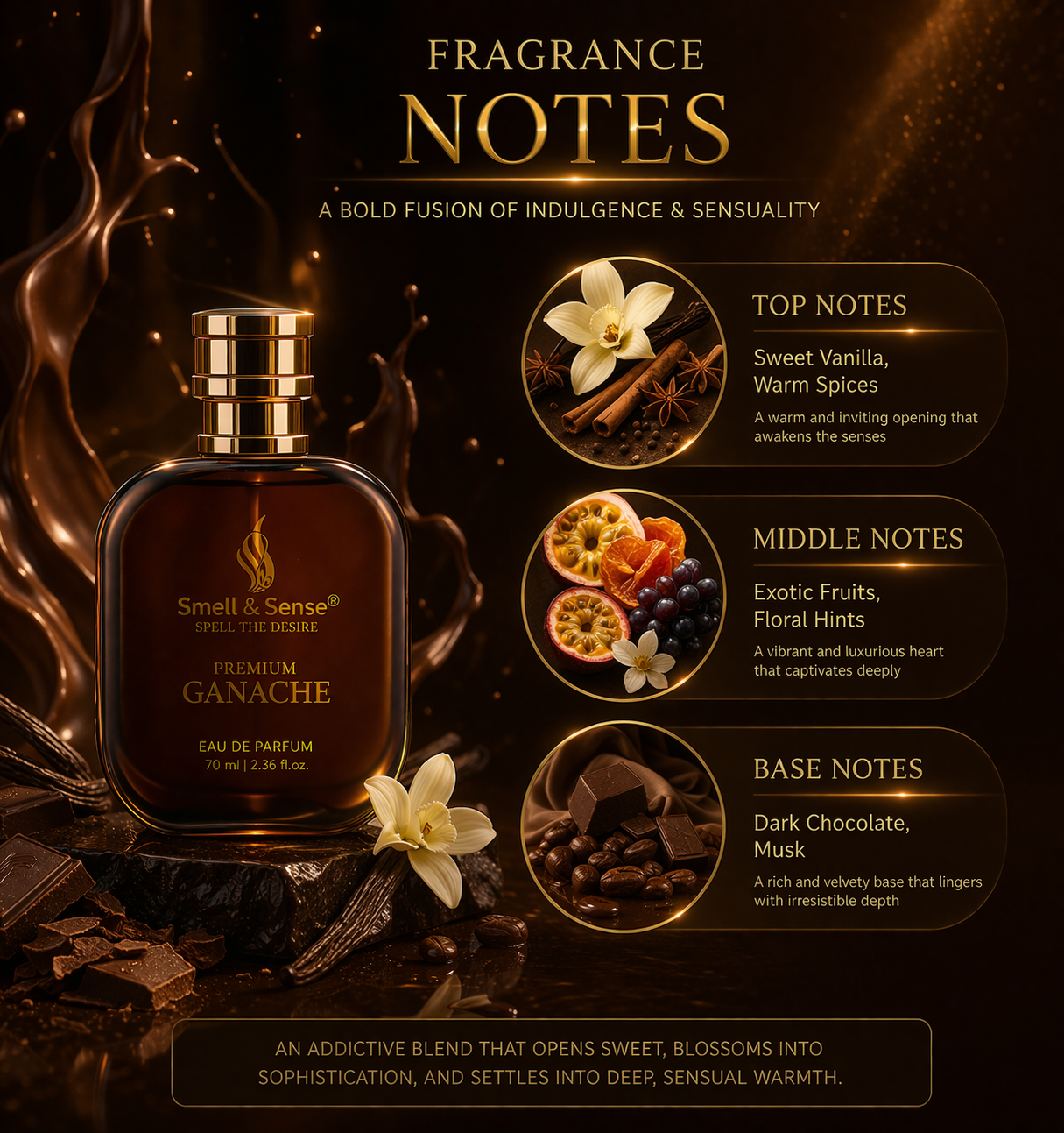 Ganache perfume notes sweet vanilla warm spices exotic fruits dark chocolate musk long lasting fragrance
