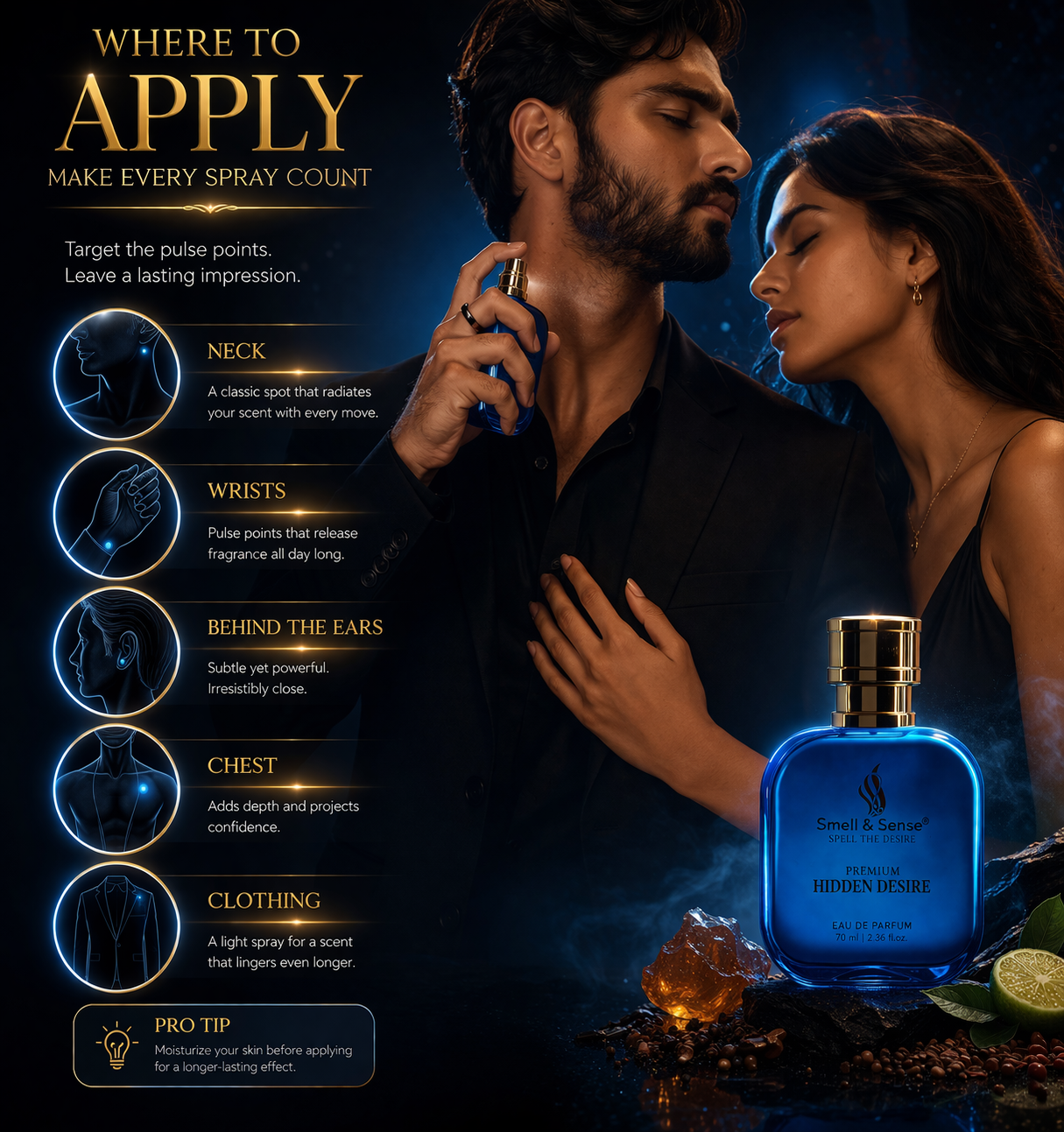 How to apply perfume for long lasting fragrance Hidden Desire neck wrists behind ears guide