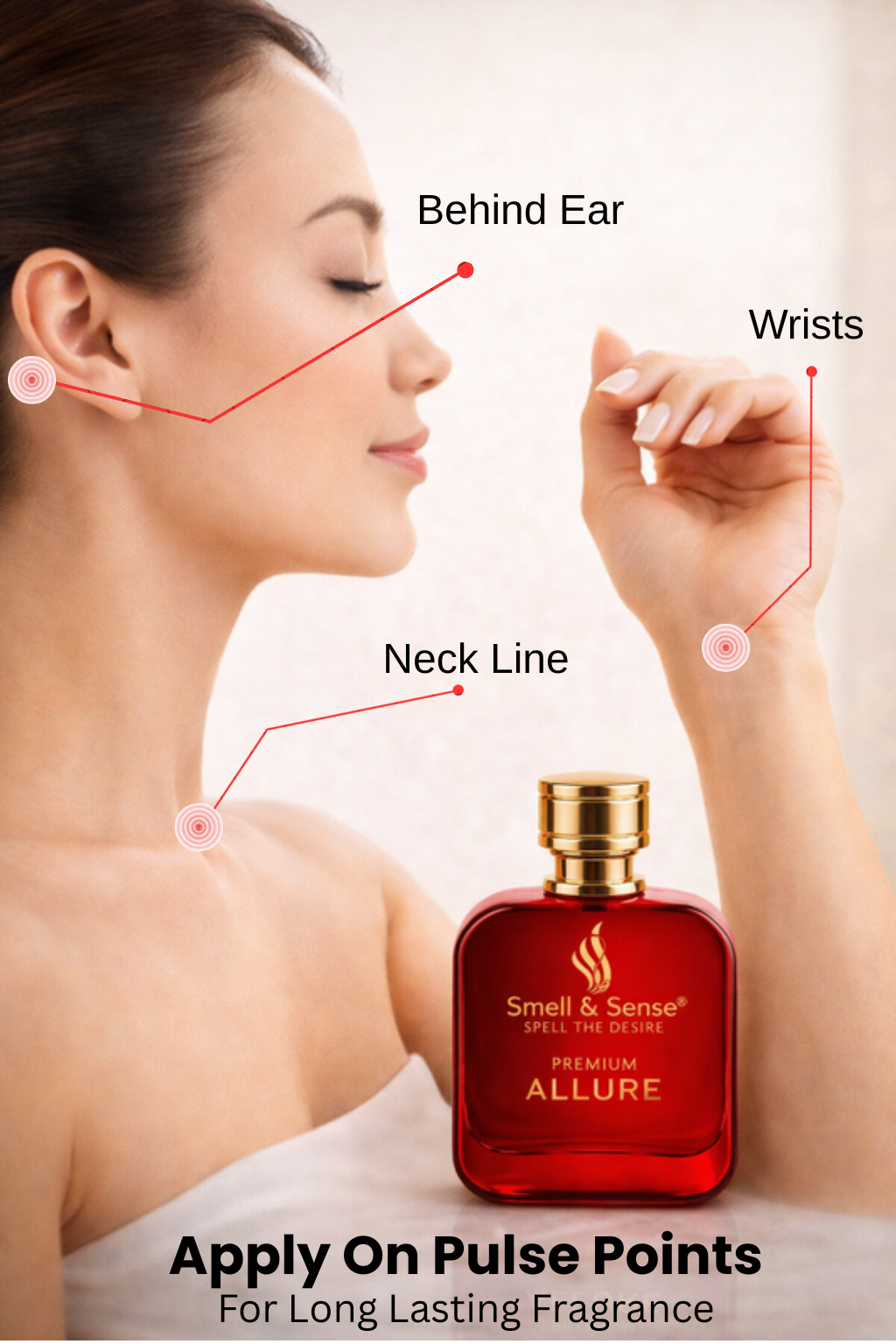 Elegant woman enjoying Smell & Sense Allure luxury perfume creating a confident and attractive impression