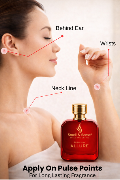 Elegant woman enjoying Smell & Sense Allure luxury perfume creating a confident and attractive impression