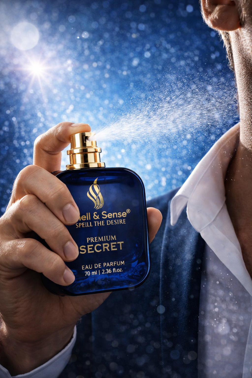 Man applying Smell & Sense Secret perfume spray – fresh citrus fragrance for men, best summer perfume for daily use