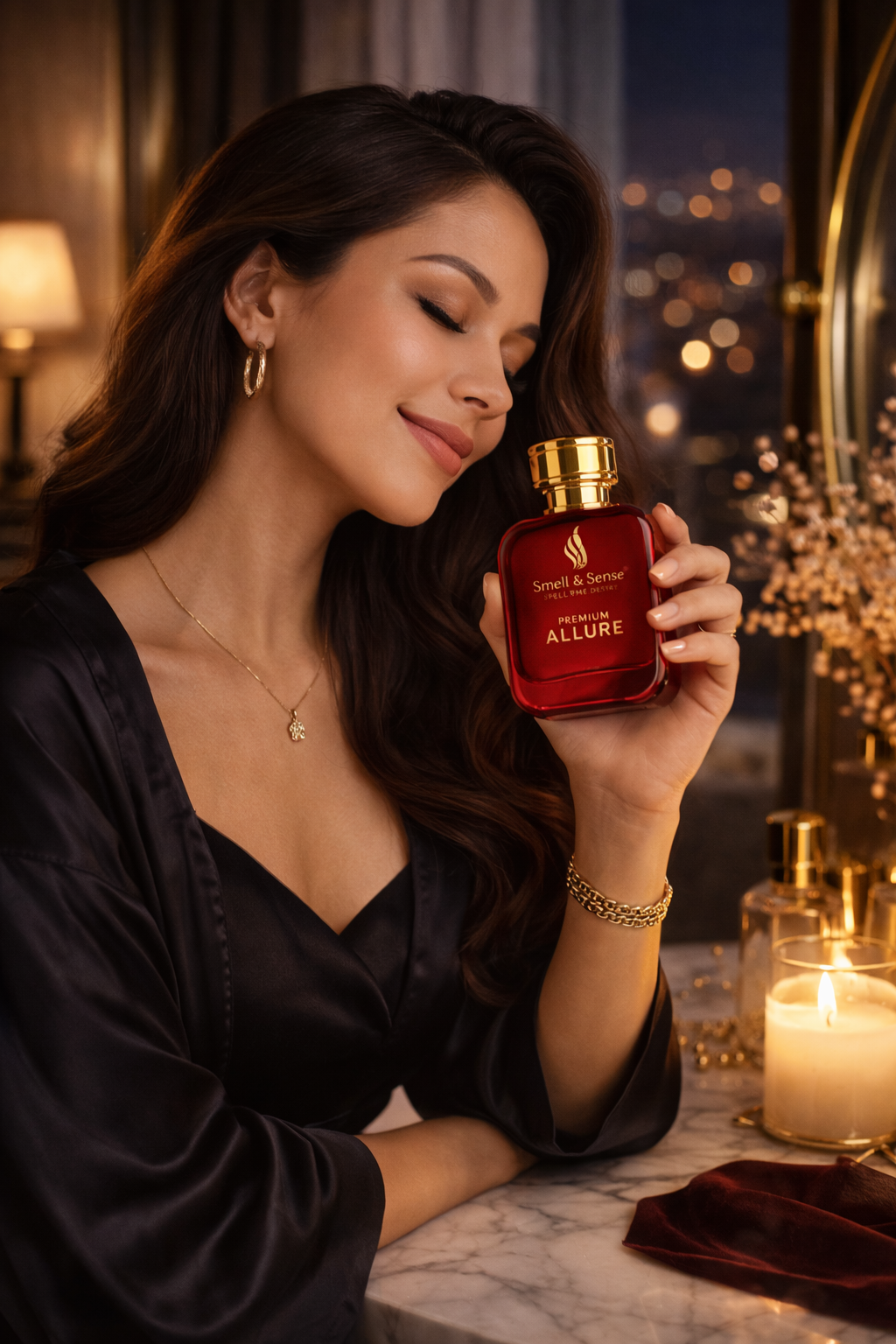 Guide to apply women perfume on pulse points like neck wrists and behind ears using Smell & Sense Allure fragrance