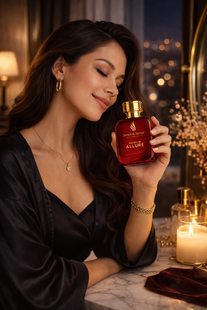 Guide to apply women perfume on pulse points like neck wrists and behind ears using Smell & Sense Allure fragrance