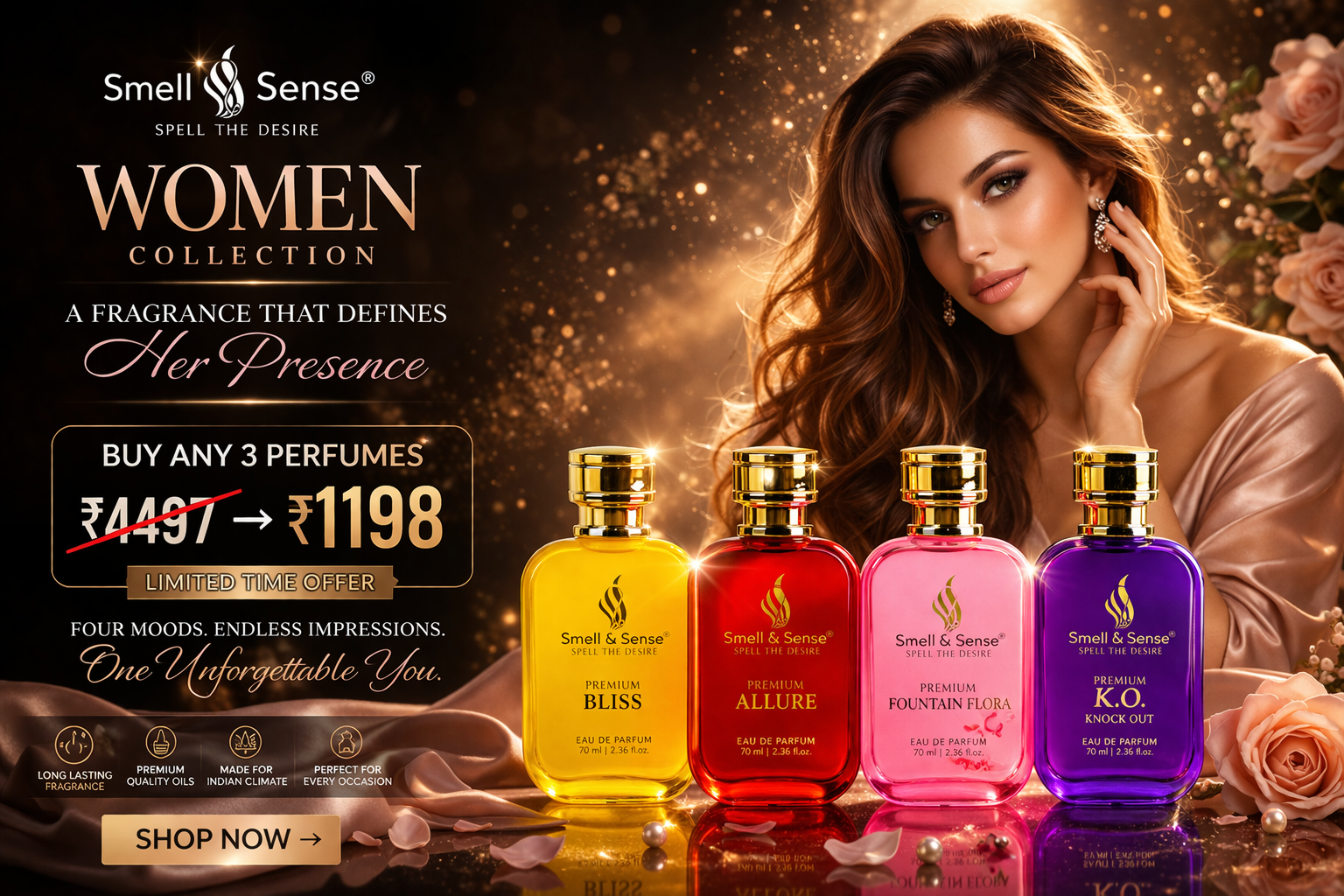 Luxury Women perfume collection by Smell & Sense featuring premium long lasting fragrances for women perfect for daily wear, gifting and special occasions