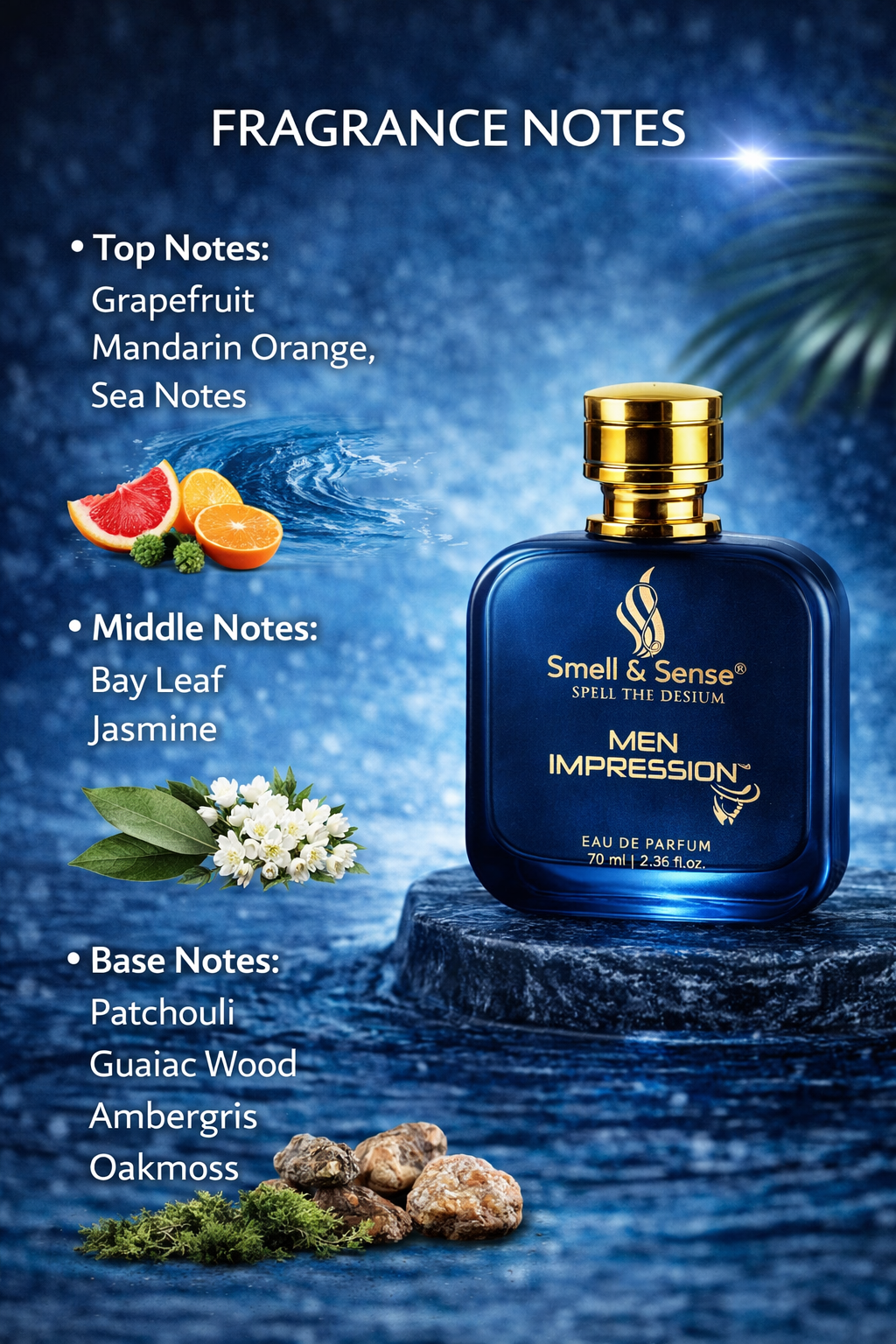 Men Impression perfume notes grapefruit mandarin sea notes bay leaf jasmine patchouli ambergris woody fragrance