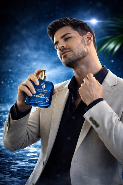 Man applying Men Impression perfume fresh aquatic citrus fragrance long lasting men perfume for daily use
